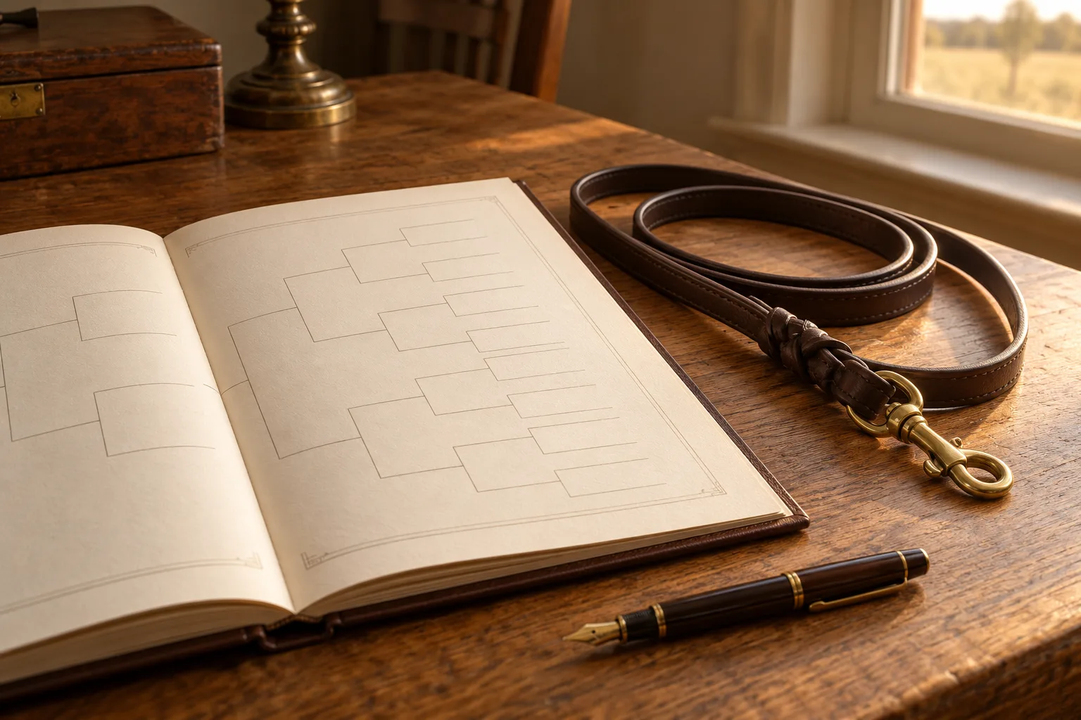 Pedigree folio and leather show lead on an oak table in morning light