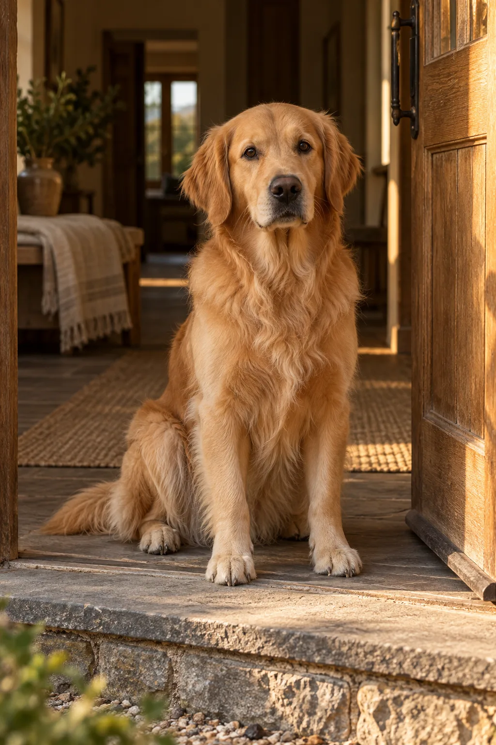 A Golden Retriever sitting at the open doorway of a countryside breeder’s home